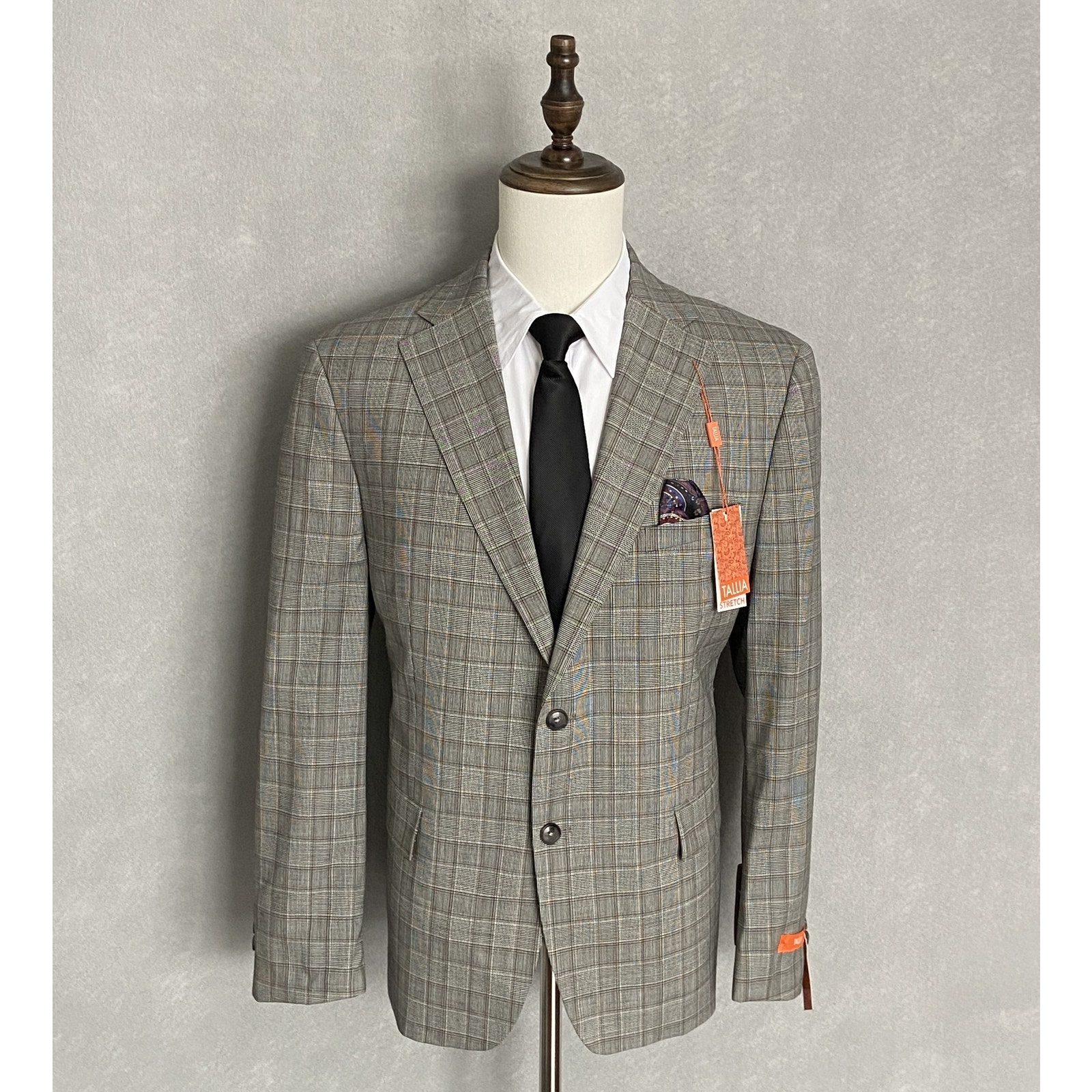 Tallia Men's 42 Long Suit Jacket Stretch Wool Blend Cream/Brown Plaid New